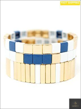 Gold Stackable Enamel Tile Bracelets for Women Stretch Layering Set
